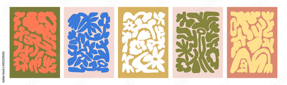 Fototapeta premium Abstract floral patterns, modern style card designs set. Creative flower posters with trendy shapes pattern, textures, whimsical nature backgrounds, doodle drawings. Flat vector illustrations