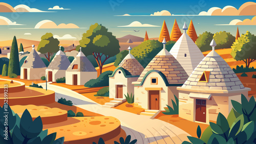 Very beautiful view of traditional trulli houses in Puglia, featuring white stone structures, conical roofs, and warm sunlight that highlights the unique rural architecture of southern Italy.