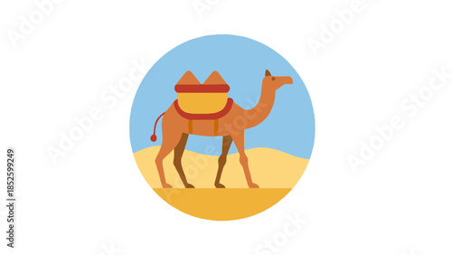 Camel standing on desert sand with travel sack
