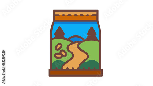 Vibrant coffee bag with scenic landscape design