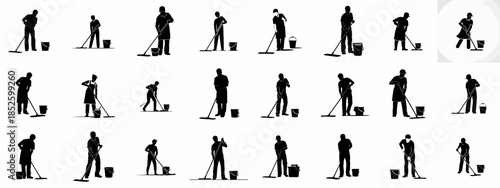 Diverse Silhouettes of Professional Cleaning Staff Mopping Floors, Including Janitors and Maintenance Workers, with Buckets and Flat Mops.