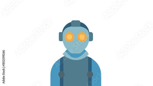Cyborg character with glowing orange eyes in blue and gray