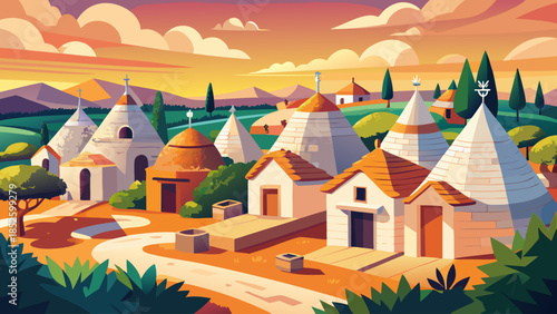 Very beautiful view of traditional trulli houses in Puglia, featuring white stone structures, conical roofs, and warm sunlight that highlights the unique rural architecture of southern Italy.