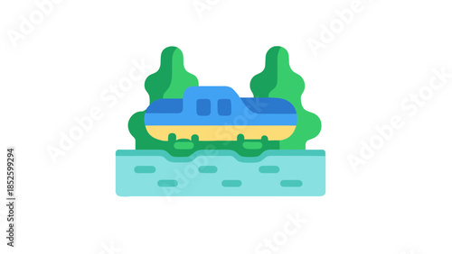 Modern train travels through scenic landscape with green trees