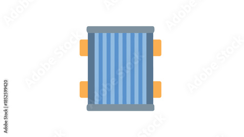 Modern blue and gray air conditioning unit with orange fins