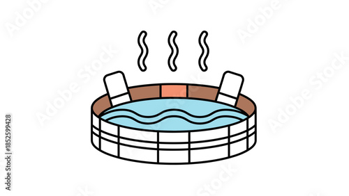 Wooden hot tub with steam rising on white background