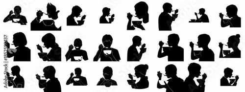 A comprehensive collection of black silhouettes depicting diverse children and young people eating food from a bowl with a spoon.