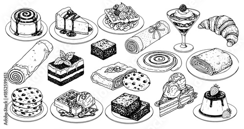 Desserts and Pastry Illustrations in an ink sketch style