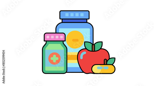 Healthy lifestyle with supplements and fresh apple