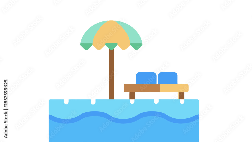 Naklejka premium Serene beach scene with umbrella and lounge chairs by calm ocean water