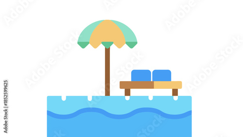 Serene beach scene with umbrella and lounge chairs by calm ocean water