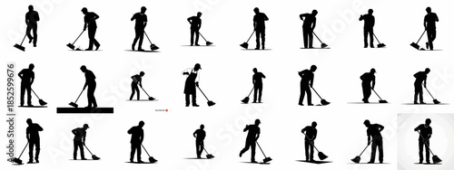 Large set of vector silhouettes showing men sweeping the floor with brooms, representing cleaning crew, janitorial staff, and maintenance workers in various poses.