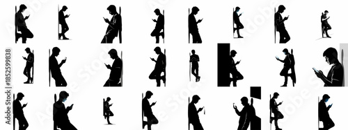 Silhouettes Collection of Young Men Leaning and Engaged with Smartphones, Illustrating Digital Connectivity and Mobile Technology Usage.