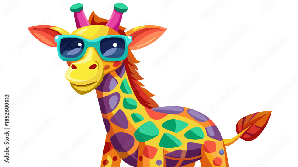 Obraz premium Colorful cartoon giraffe wearing stylish sunglasses, isolated on a clean white background, illustrated in a playful and cheerful style perfect for fun and modern designs