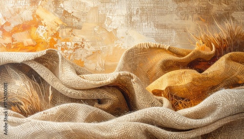 Abstract texture of draped burlap, wheat, and layered background