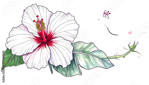Hand-drawn white hibiscus blossom with leaves, stem, and bud details, on black
