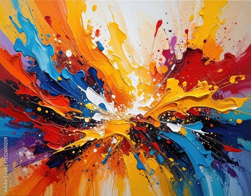 A vibrant abstract painting bursts forth with a kaleidoscope of colors