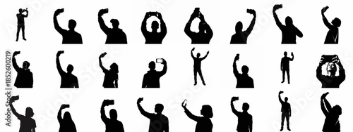 Silhouettes of people taking photos, videos, and selfies with smartphones, ideal for symbolizing audience, crowds, and mobile technology use.