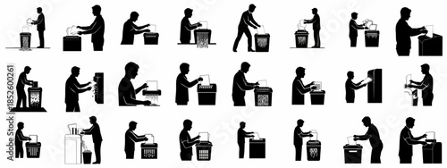 Paper Shredder Use Silhouettes Set: People shredding documents for security, confidentiality, and data protection in office and business environments.