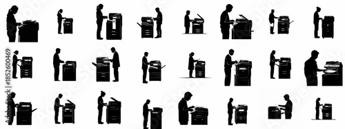 A collection of silhouettes depicting diverse office workers operating large multifunction printers and photocopiers in a business environment.