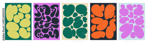 Abstract shapes, blots pattern, posters set. Modern trendy cards, background designs with fluid blobs, liquid drops, smooth spots, bubbles, organic amorphous forms. Flat vector illustrations