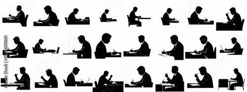 Collection of black silhouettes showing professional men sitting at desks writing, studying, or working, isolated vector illustration set.