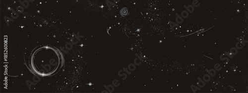 Black space universe with milky way galaxy, scattered stars and planetary ring system on night sky background. Cosmic scene with celestial bodies, stardust clusters for astronomy or sci fi projects.