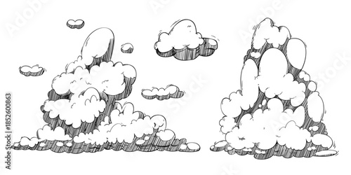 Hand drawn sketch clouds isolated on white background. Vector illustration of cloudy sky drawing, weather forecast or climate change presentation design elements, line art cloudscape, dream symbol