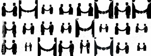 Collection of black silhouettes showing professional businessmen shaking hands in various crops, symbolizing business partnership and agreement.