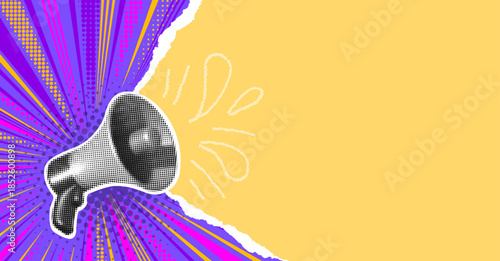 Megaphone Pop Art Banner with Halftone Burst and Torn Paper Background. Loud Announcement Poster Concept with Copy Space for Marketing Promotion Message, Advertising Retro Design. Vector Illustration