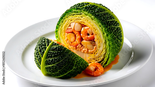 Haute cuisine. Spanish col rellena de mariscos (cabbage stuffed with seafood), a whole savoy cabbage filled with prawns, scallops, and monkfish in a saffron sauce 