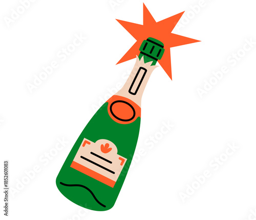 Hand drawn cute illustration champagne popping. Flat vector winter celebration toast doodle. Alcohol drink sticker. Holiday sparkling wine open. Splashing drink bottle at party event. Isolated.