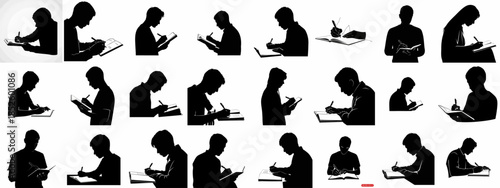 Collection of Vector Silhouettes of People Writing, Studying, and Taking Notes, Showing Various Poses and Actions with Pens and Notebooks.
