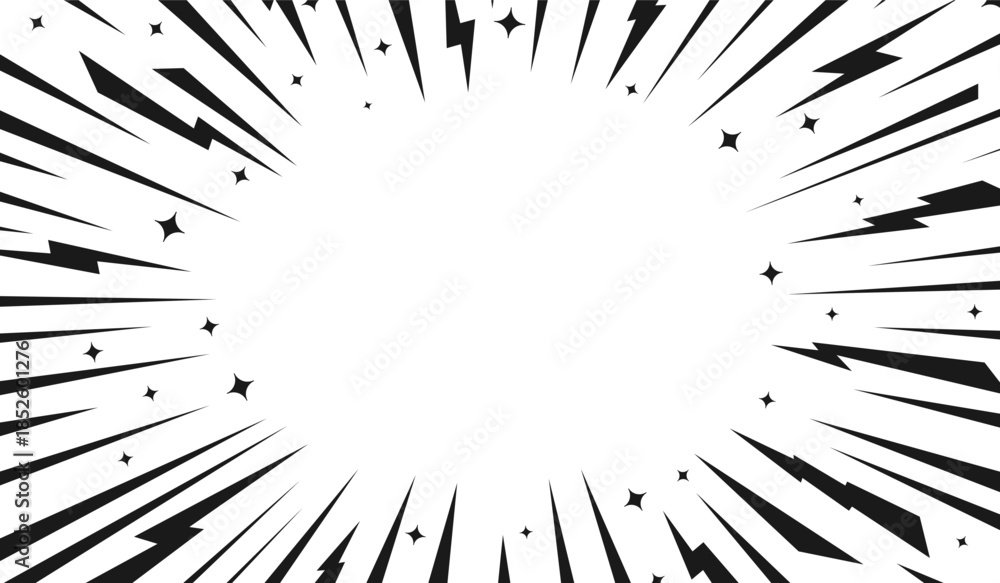 Obraz premium Speed Lines Explosion Comic Frame. Lightning Bolts, Rays Stars and Sparkles Border. Black and White Dynamic Energy Burst Manga Background with Copy Space for Text, Action Design. Vector Illustration