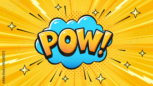 Pow Pop Art Comic Explosion Background Cloud Speech Bubble with Manga Speed Rays, Star Sparkles, Thunderbolts on Bright Yellow Halftone Burst Bg for Fun Retro Design. Vector Illustration