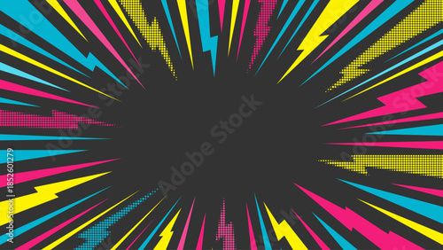 Comic Lightning Burst Frame with Neon Rays and Halftone Dots on Dark Background. Retro Pop Art Border with Copy Space for Posters, Banners, Ads. Manga Expression Speed Lines. Vector Illustration