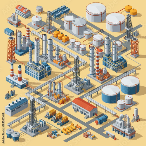 Isometric illustration of a large industrial oil refinery or chemical plant with various processing units, storage tanks, and pipelines.