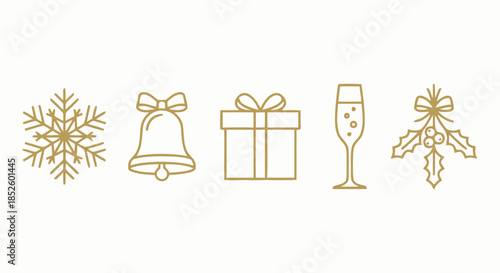 Golden Christmas Line Icons Set Snowflake, Bell, Gift, Champagne, and Mistletoe