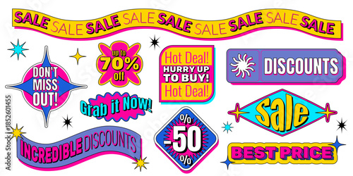 Sale sticker set in y2k retro style - colorful badges with hot deal, discount labels and percentage tags. Vintage vector patches for promotional designs or shopping campaigns in vibrant neon colors.