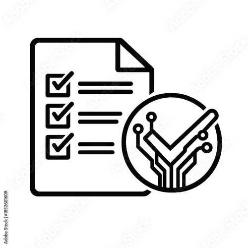 Thick-outline AI ethics checklist icon for guidelines, compliance processes, and responsible AI frameworks used in governance and regulation platforms.