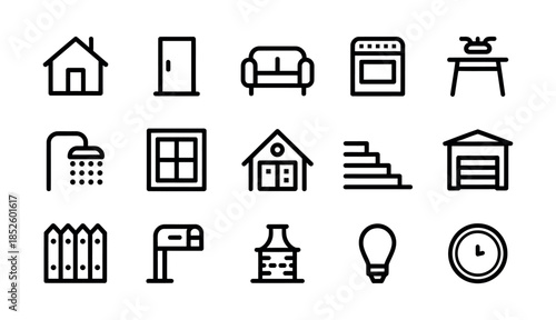 Home and household furniture and utility icon set in bold black line style