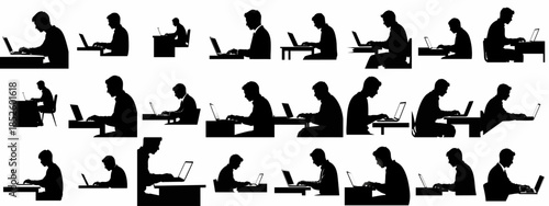 Diverse set of black silhouettes illustrating men using laptops at desks, representing productivity, business, and remote working concepts in vector format.