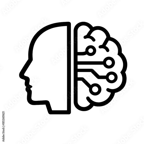 Thick-outline human-centered AI icon showing interaction between human and AI logic, ideal for ethical design frameworks, responsible AI concepts, and technology policy visuals.