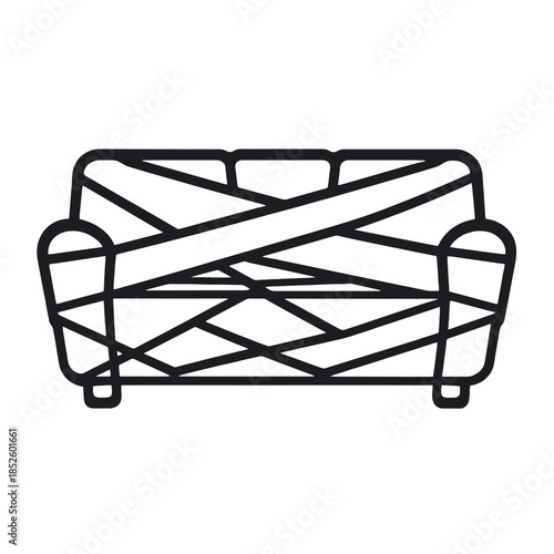Thick-outline wrapped furniture icon showing a protected sofa, ideal for relocation services, packing workflows, home moving apps, and delivery or logistics platforms.