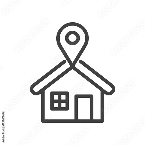 Thick-outline house with location pin icon, ideal for relocation services, address change processes, moving apps, and home delivery or logistics platforms.