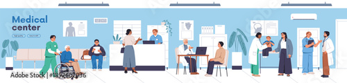 Clinic, medical center, horizontal banner. Hospital with patients waiting in hall, visiting doctor appointments, reception, health checkup, consultation and treatment. Flat vector illustration