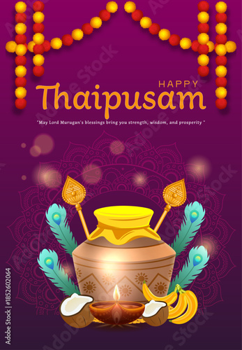 Thaipusam Hindu Festival Illustration with Sacred Offerings and Temple Elements, Traditional Religious Celebration Poster