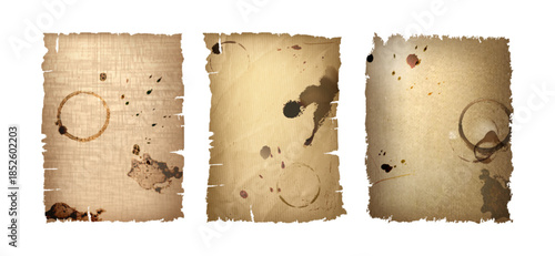 Worn vintage paper with coffee stains and torn edges. Old parchment textures with grunge spots and rough borders. Aged paper sheets with burnt marks and shabby beige surface for antique design.