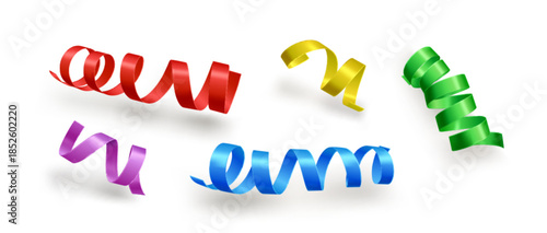 Colorful curly satin ribbons in red and green, yellow and blue with reflection on white surface background. Realistic 3d gift tape strips for Christmas or birthday celebration decoration - vector set.