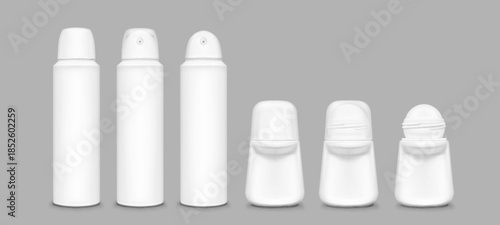 White deodorant mockup collection with roll on and spray bottle container in 3d cosmetic design. Blank hygiene product set with caps and open for personal care branding and antiperspirant packaging.